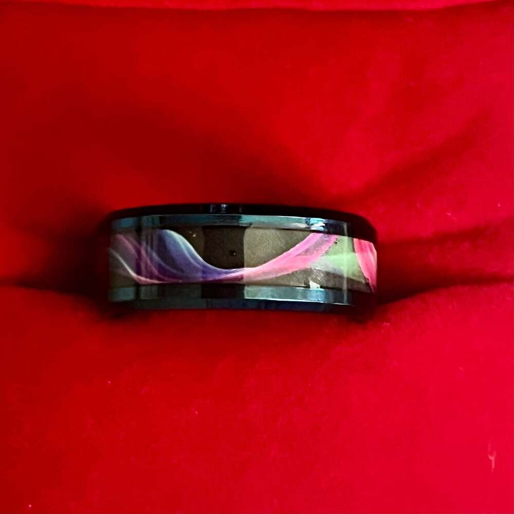Damascus Titanium Steel Metallic Blue Kaleidoscope Ring Inlay 6mm Size 9